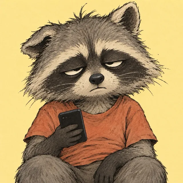 LOWBAT, a sleepy raccoon looking at his phone